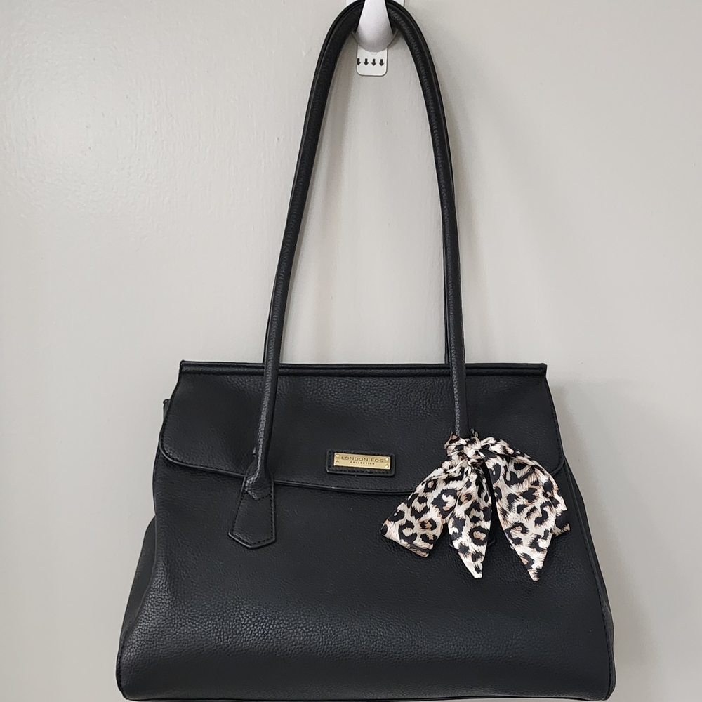 London Fog Pebbled Faux Leather Satchel Black Handbag 